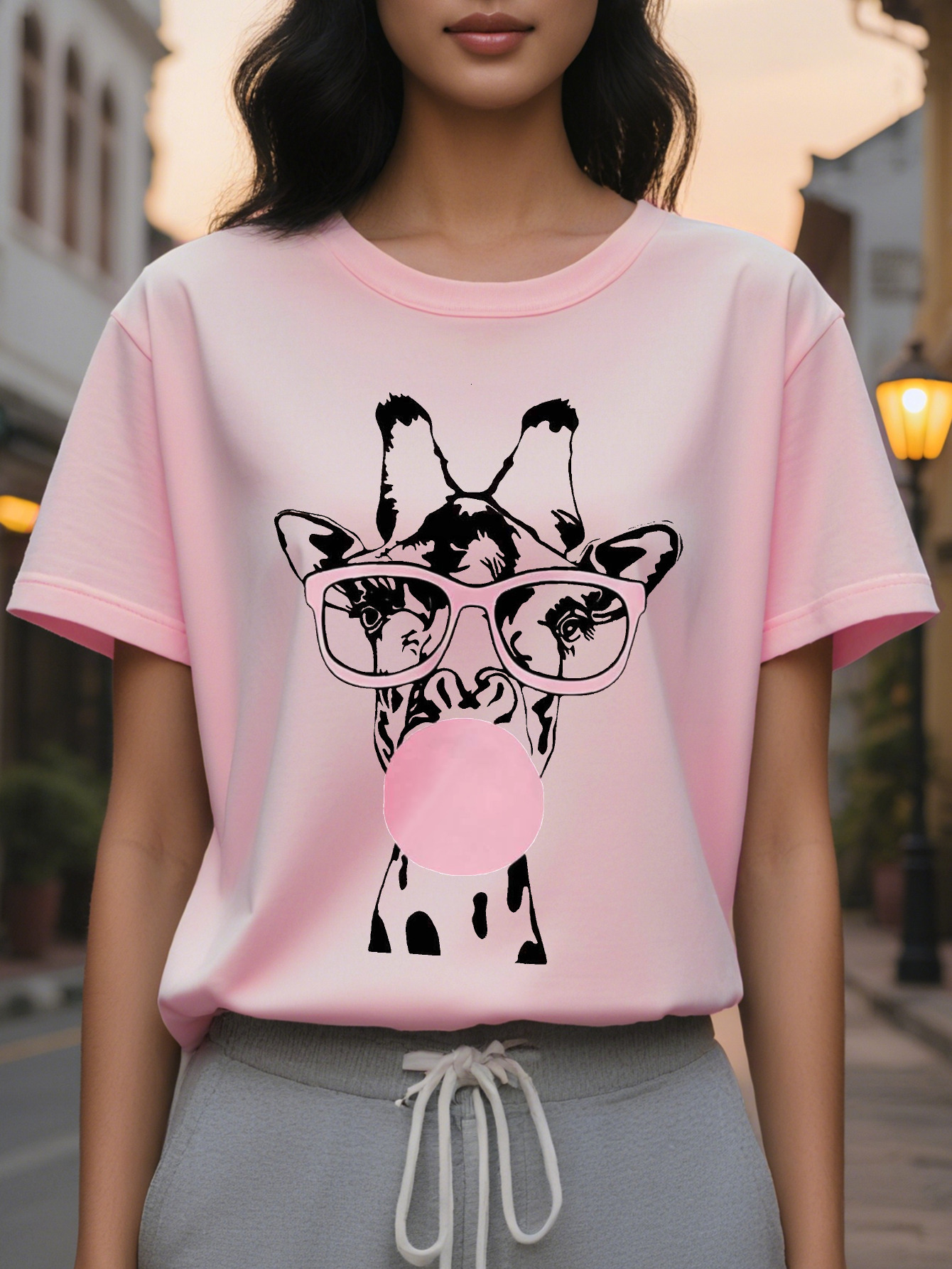 Ladies Cute Pattern Short Sleeve T-Shirt Funny Pink Glasses Bubble Gum Design Breathable Round Neck Casual Jacket