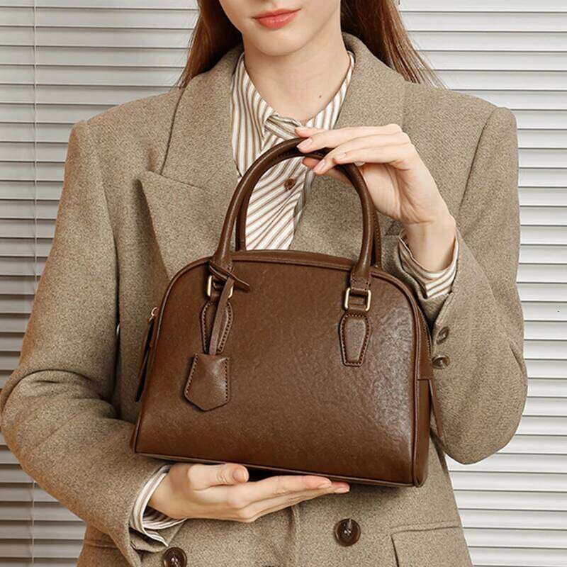 Hifashion Vintage Genuine Leather Bowling Tote Handbags For Women 2025 Designer Shell Work Ladies Shoulder Crossbody Bags