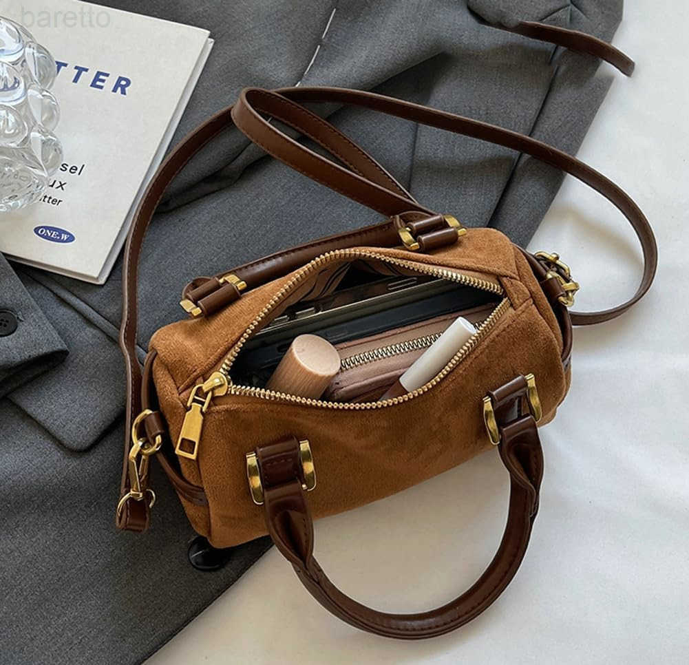 Slouchy Suede Boston Barrel Bag Women Corduroy Boho Satchels Shoulder Bag Crossbody Purse Mini Tophandle Tote Handbag M250904