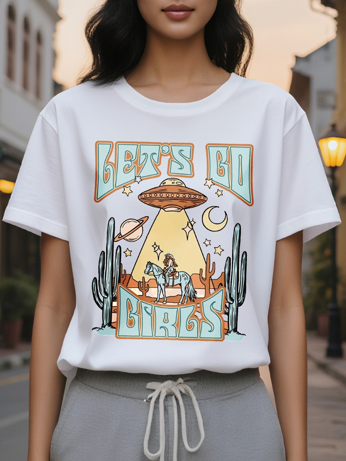 Large XL All Season Cowgirl UFO Casual Tee Chic Stretchy Easy Care Women's Top Plus Size