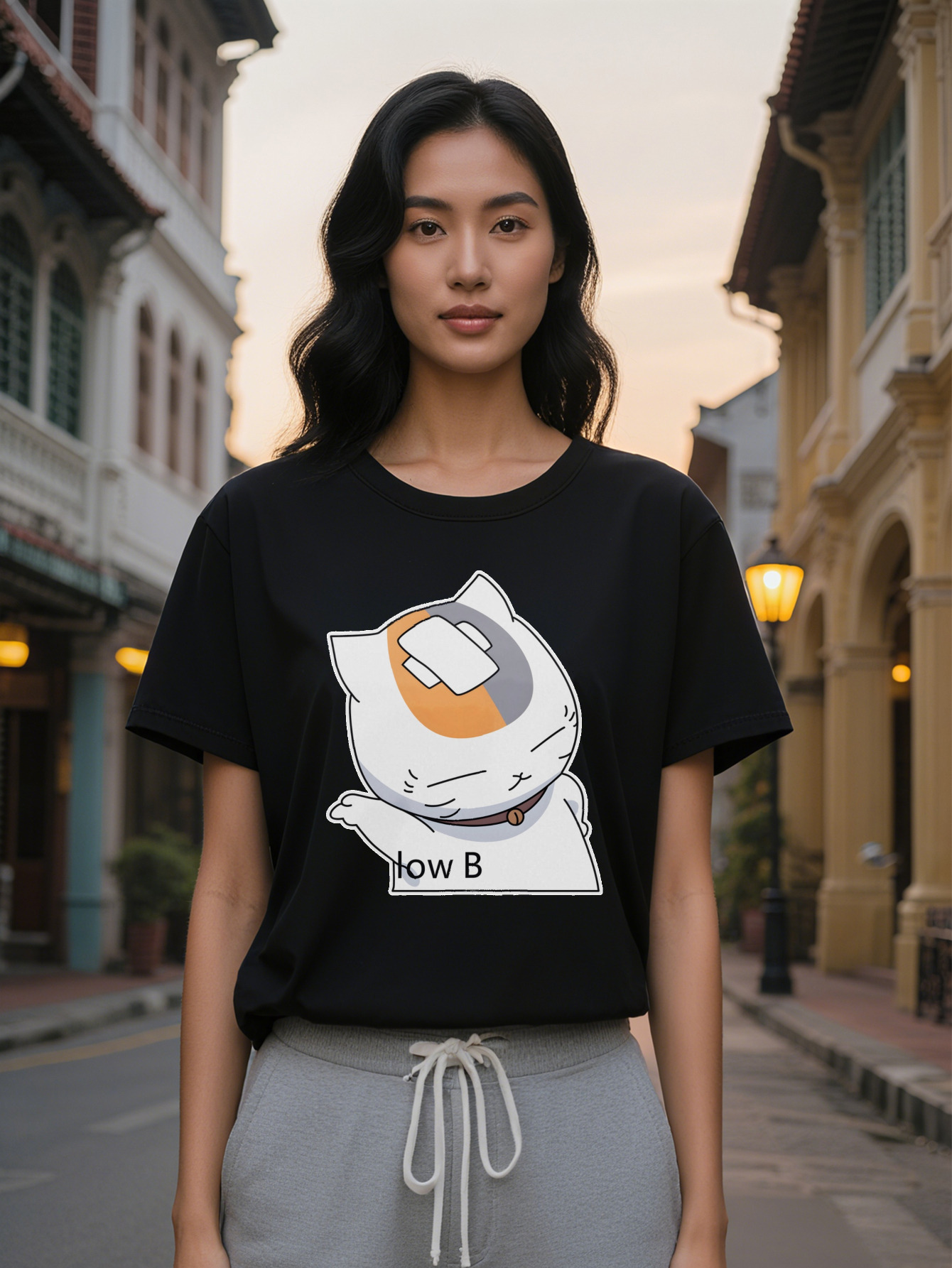 Lady Casual Versatile Round Neck T-Shirt Featuring Cartoon Cat with Orange and Gray Patch Prints Perfect as a Gift for