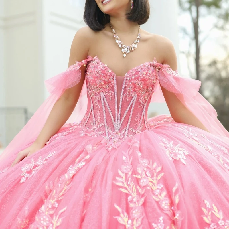 Pink Shiny Quinceanera Dresses Ball Gown Off The Shoulder Applique Lace Beading Crystal With Cape Tull Sweet 16 Dress Vestidos 15 Anos