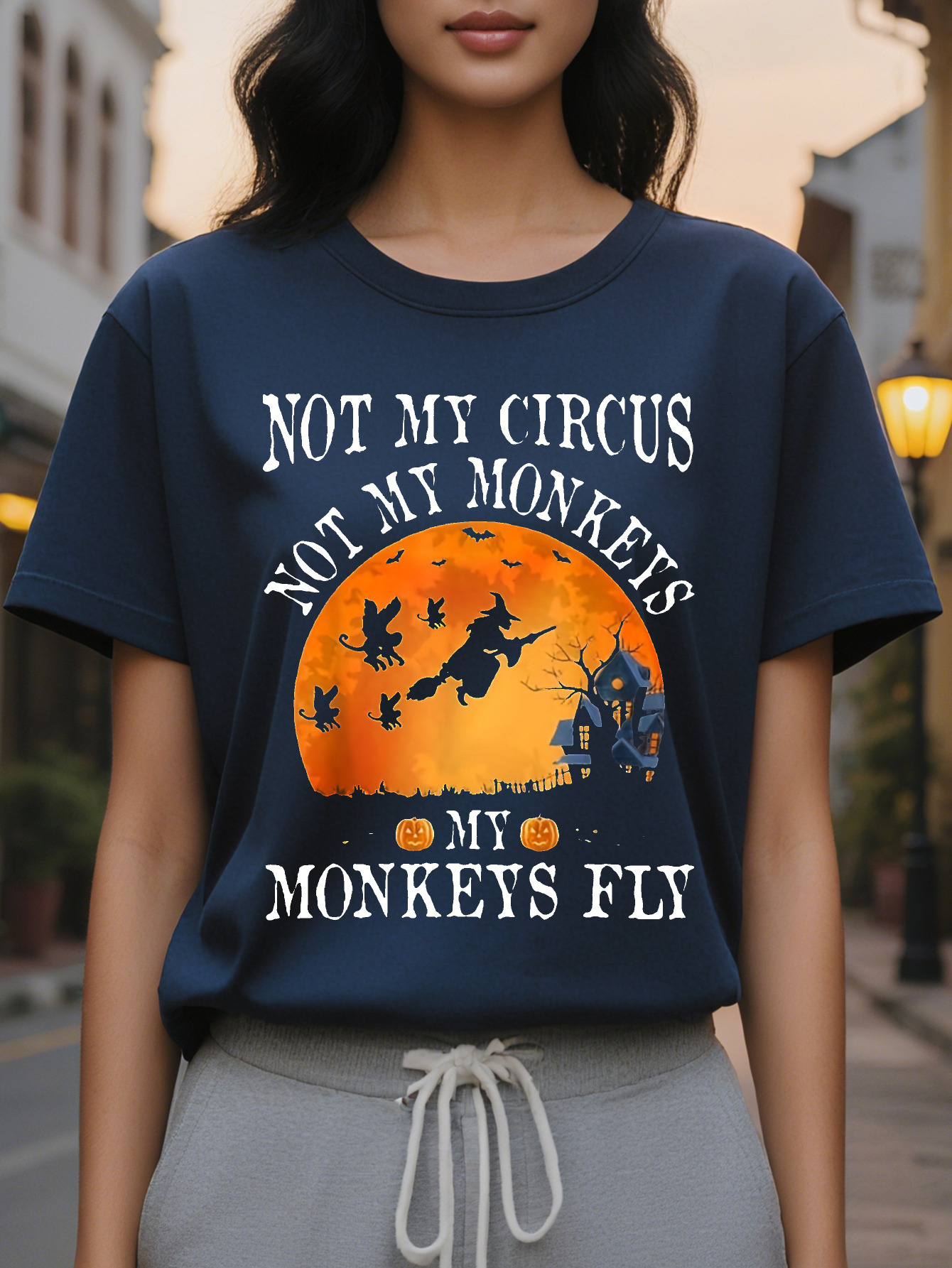 Ladies Halloween T Shirt Not My Circus Witch and Bat Casual Round Neck Top Washable Spring Fall Party Dress Up