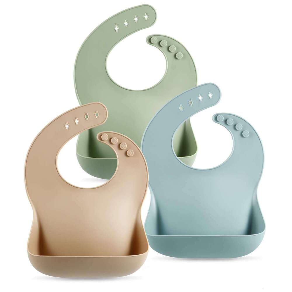 Pandaear 3-Piece Silicone Baby Bibs, Waterproof And Soft, Unisex, 10-72 Months Brown/Blue/Green