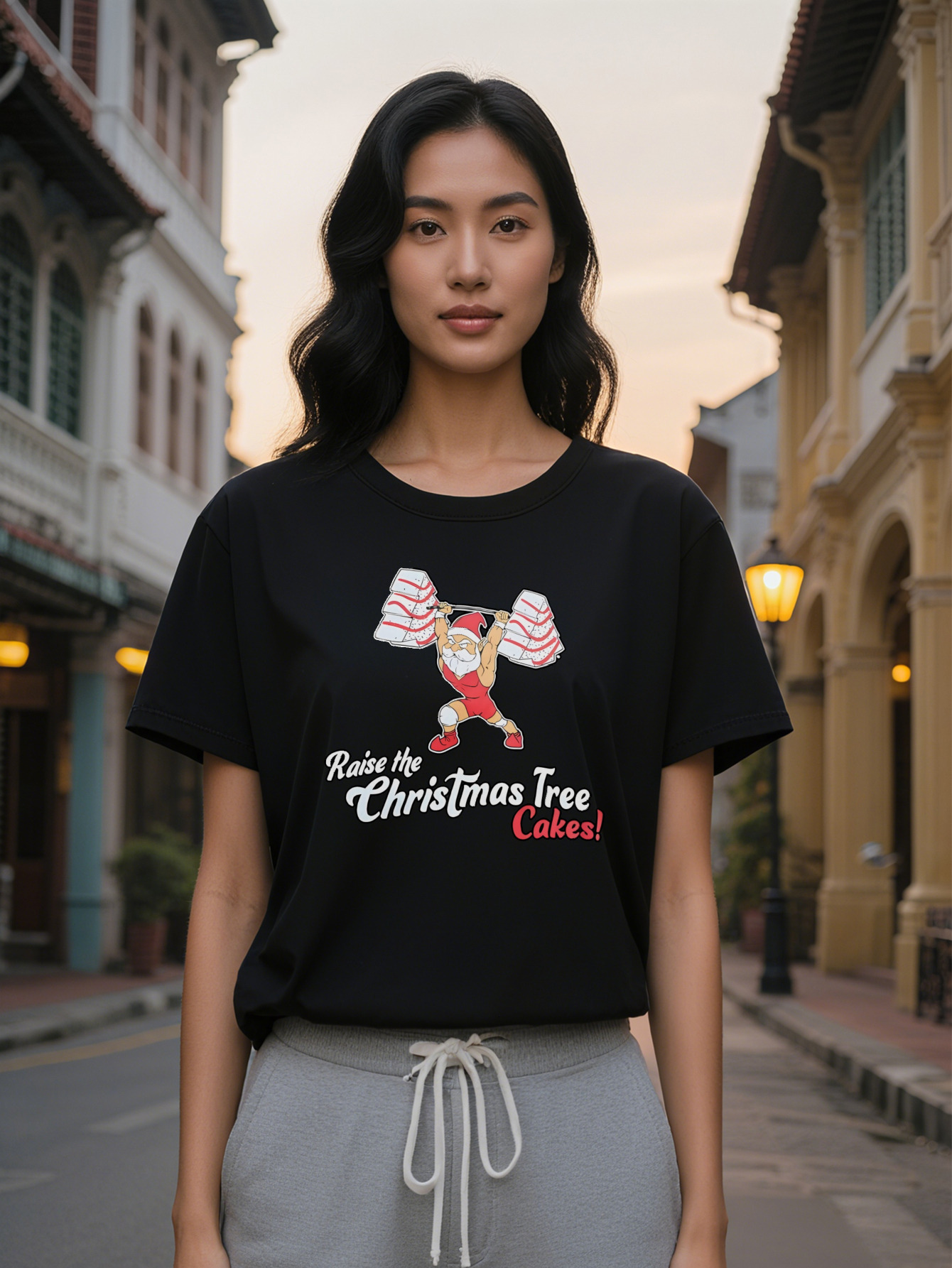 Casual Santa Claus Graphic T-Shirt Black Humor Design with Raise the Christmas Tree Slogan Lightweight Summer Round