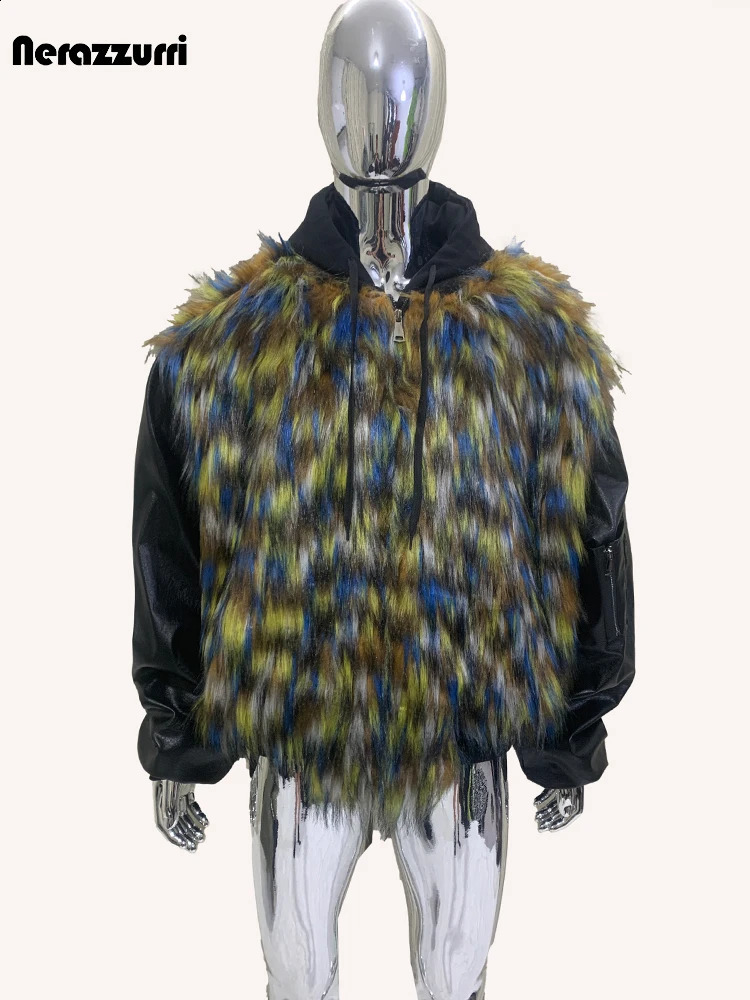nerazzurri Autumn Winter Cool Oversized Thick Warm Patchwork Faux Fur Coat Men 2 Pieces Clothes Hoodie Fluffy Jacket 250904