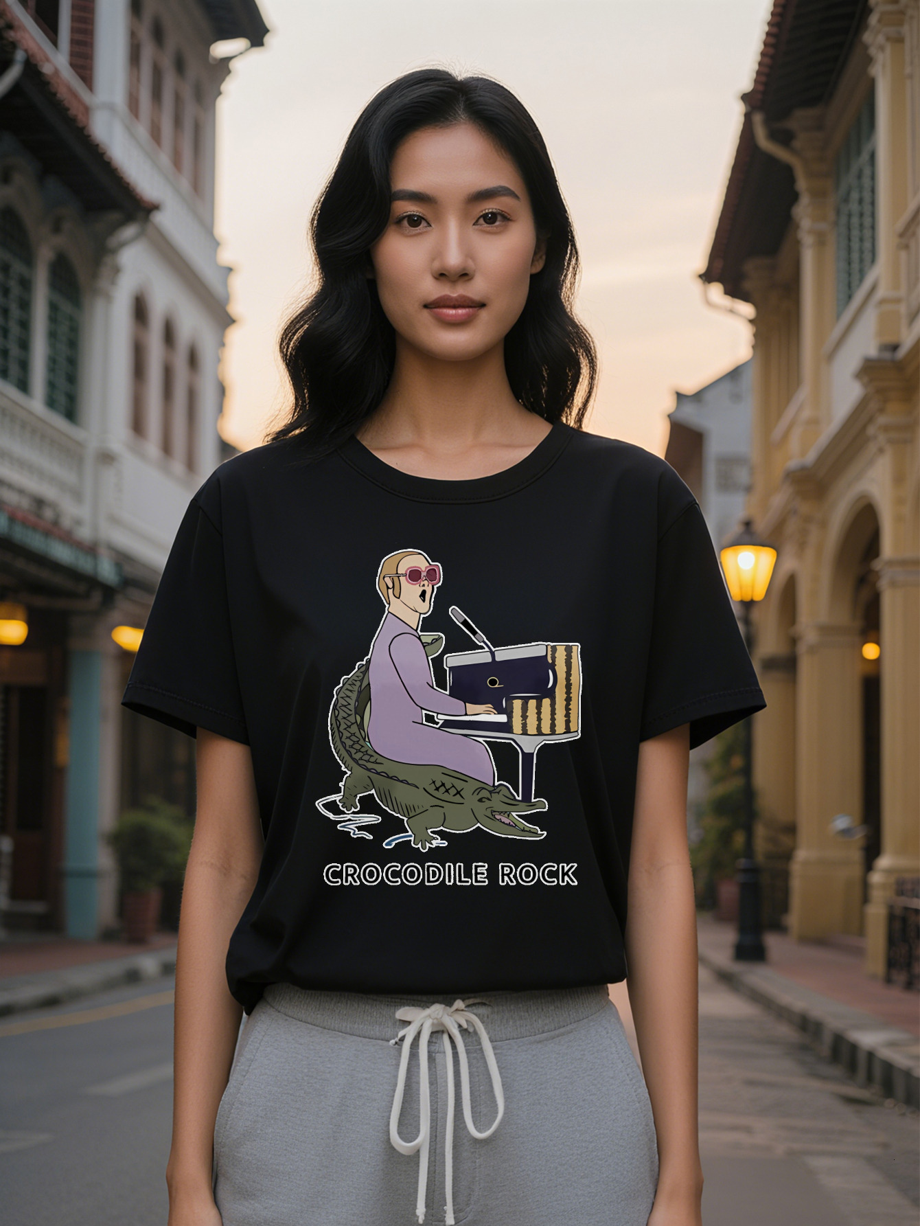 Large XL Casual Graphic T-Shirt with Crocodile Rock Piano Fashion Glasses Print Black Round Neck Summer Tee Washable Plus Size