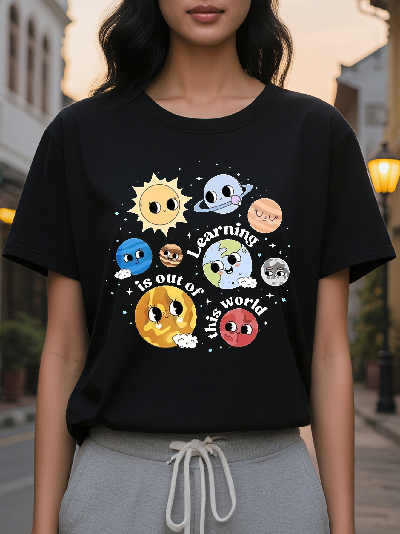 Planet Print Crew Neck T-shirt Short Sleeve Casual Top for Spring Summer Women's Clothing
