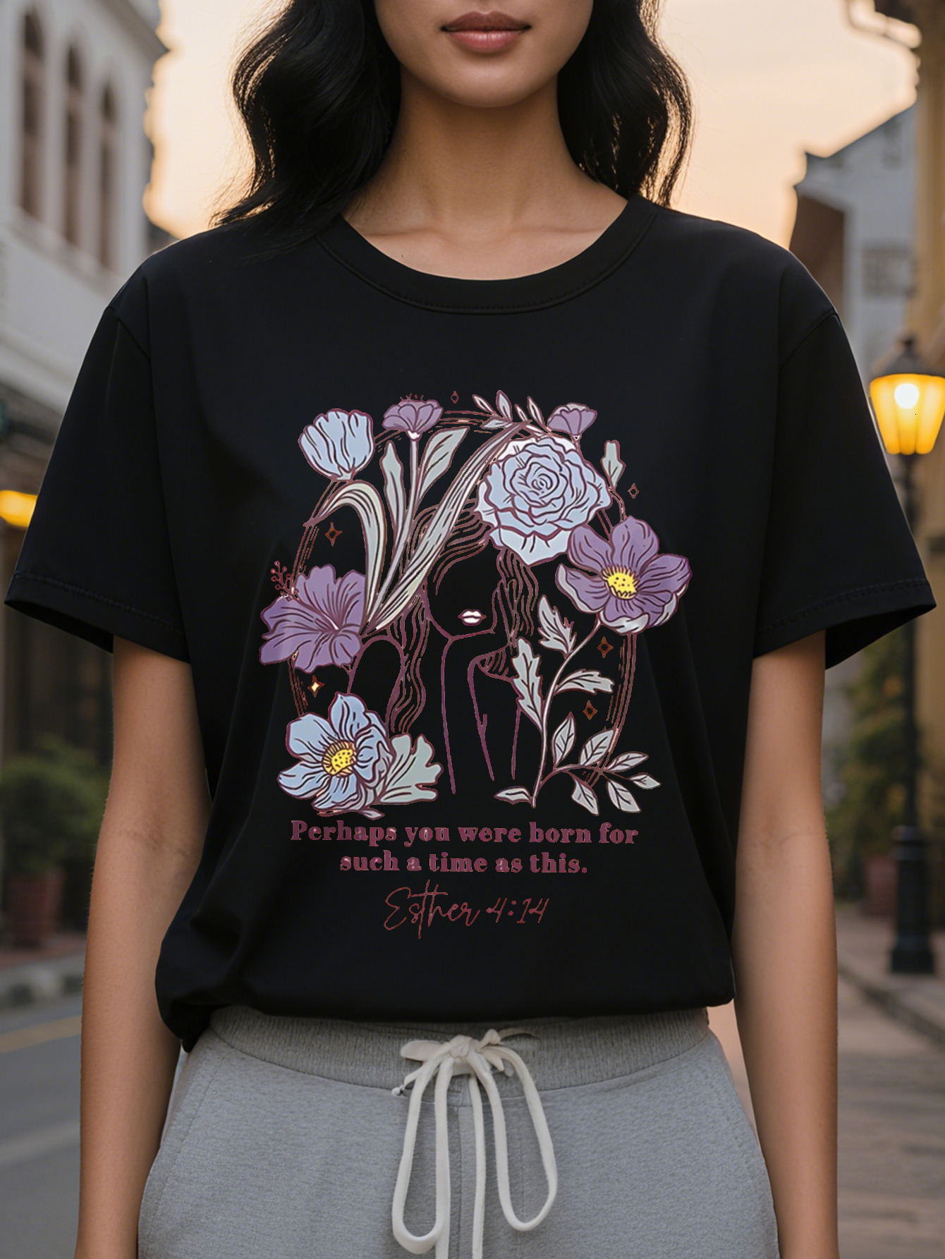 FLOWER American Printed Pattern Spring and Summer New Fashion Round Neck T-shirt Slim Fit Slimming Women's Short Sleeve