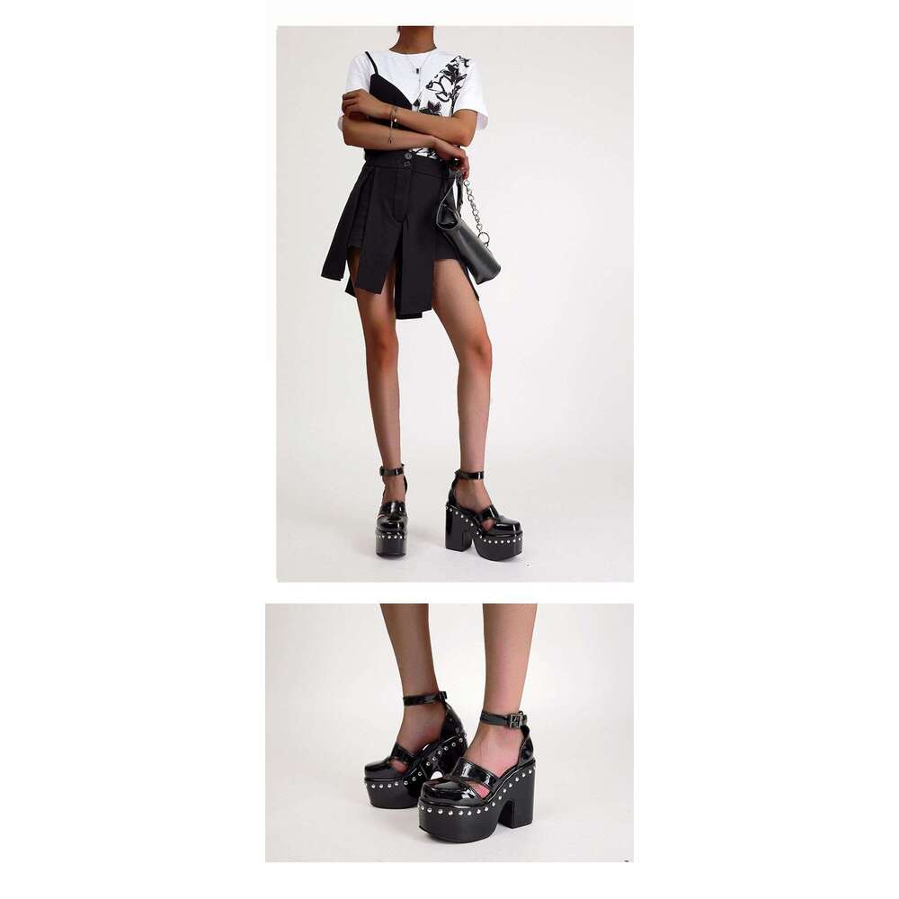 12cm High Heels Woman Chunky Platform Shoes Black Patent Leather Rivet Block Heels Summer Ladies Shoes Plus Size 34-43