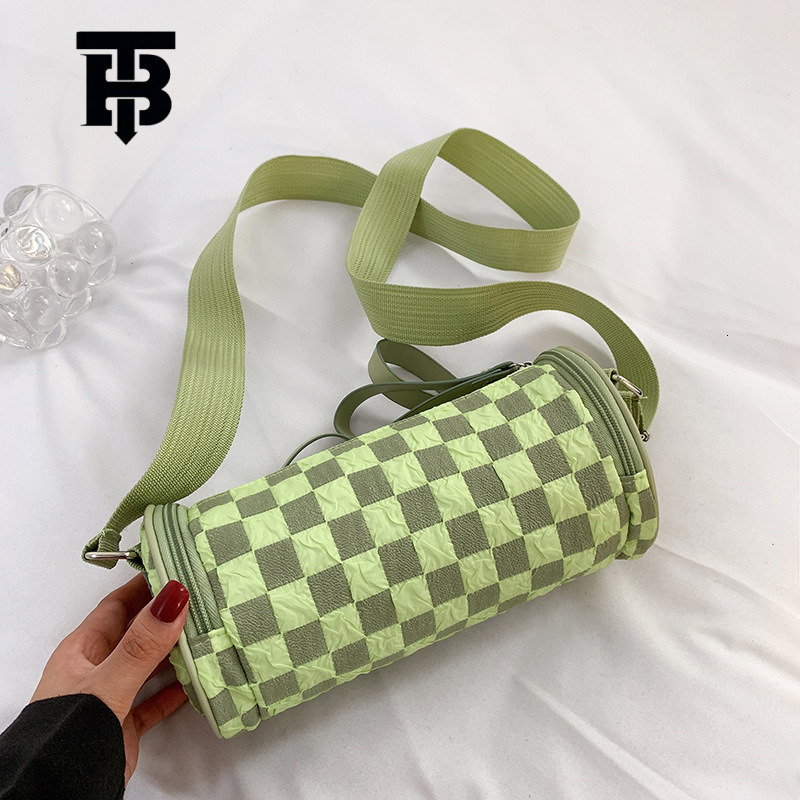 TB BHULAMTE 2025 New Women's Single Shoulder Bag Trendy Fashion Crossbody Phone Bag Checkerboard Designer s bag Wide Strap Cylinder Bag for Women