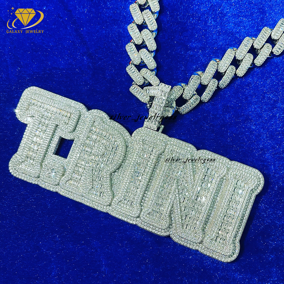 Hip Hop Big Pendant Men Iced Out Jewelry 925 Sterling Silver Baguette Diamond Custom Letter Moissanite Pendant Necklace