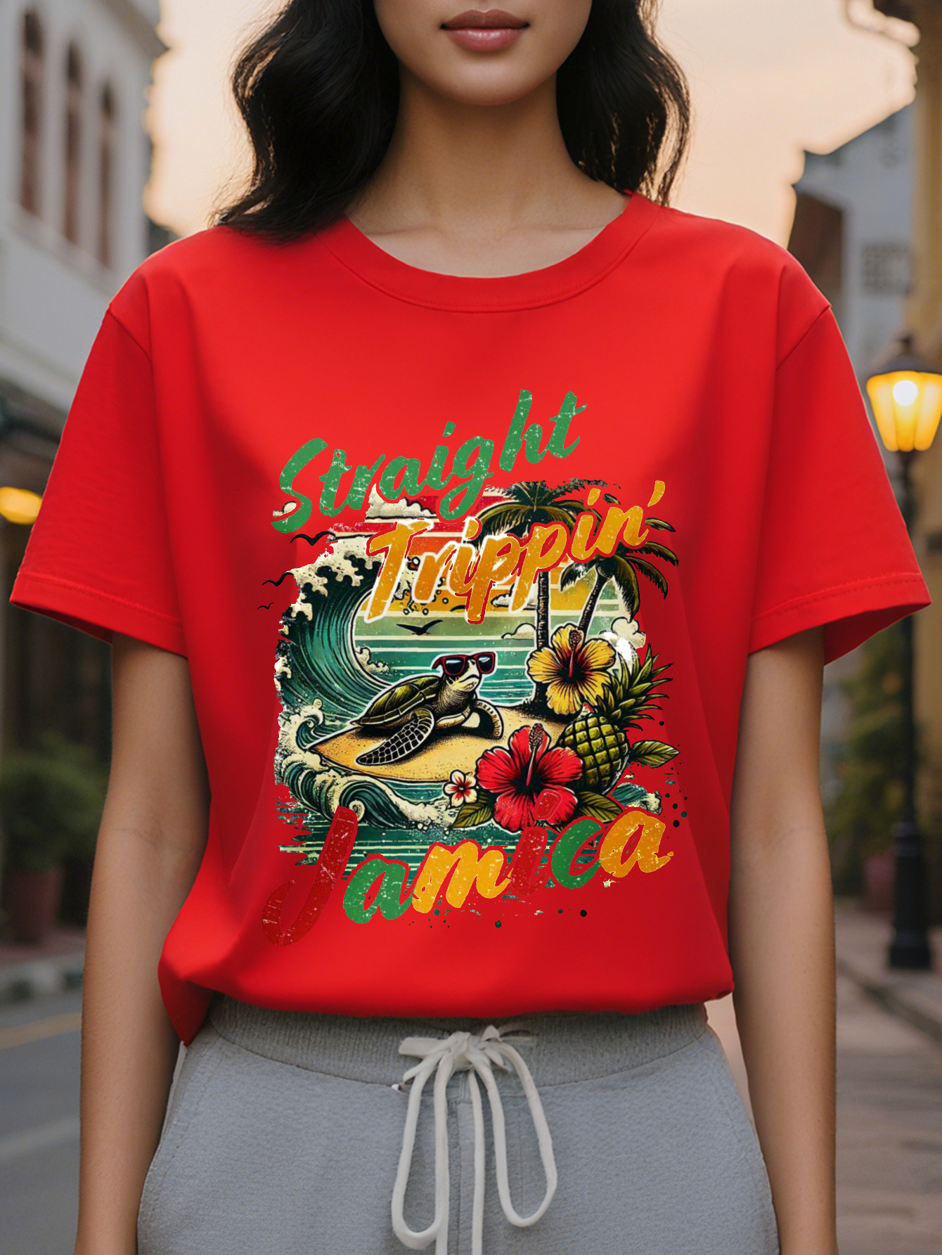 Women s elegant summer T-shirt, white short sleeve, round neck top with vibrant tropical print, Straight Tip Jamaica