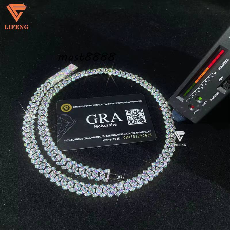 Luxury Design 925 Sterling Silver Cuban Link Chain Colorful Diamond Hip Hop 10MM Two Row Moissanite Necklace