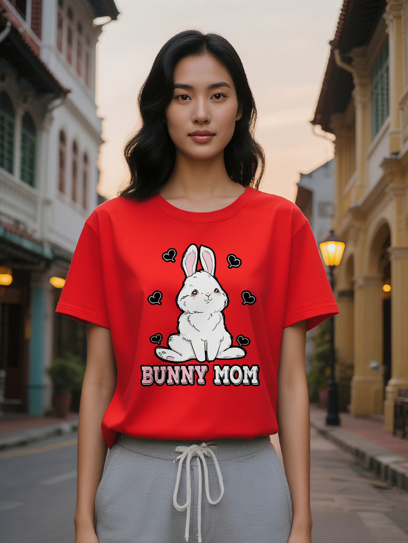Large XL Women's Casual Versatile Round Neck T-Shirt with Rabbit Heart Print Design, a Great Gift for Women Plus Size
