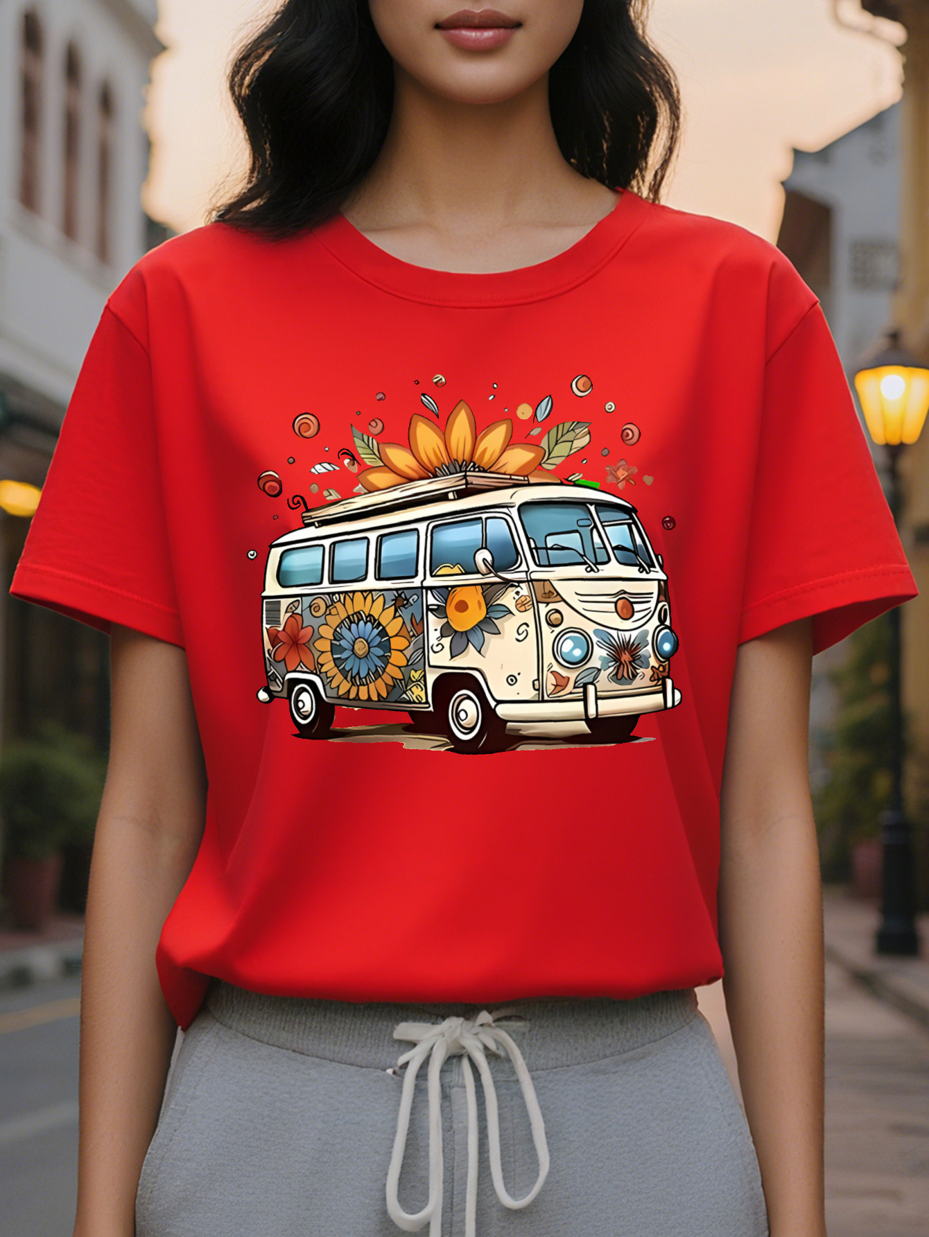Large XL Women's Hippie Retro Bus Graphic T-Shirt Vintage Floral Peace Sign Print Soft Beige Crew Neck Short Sleeve Top Plus Size