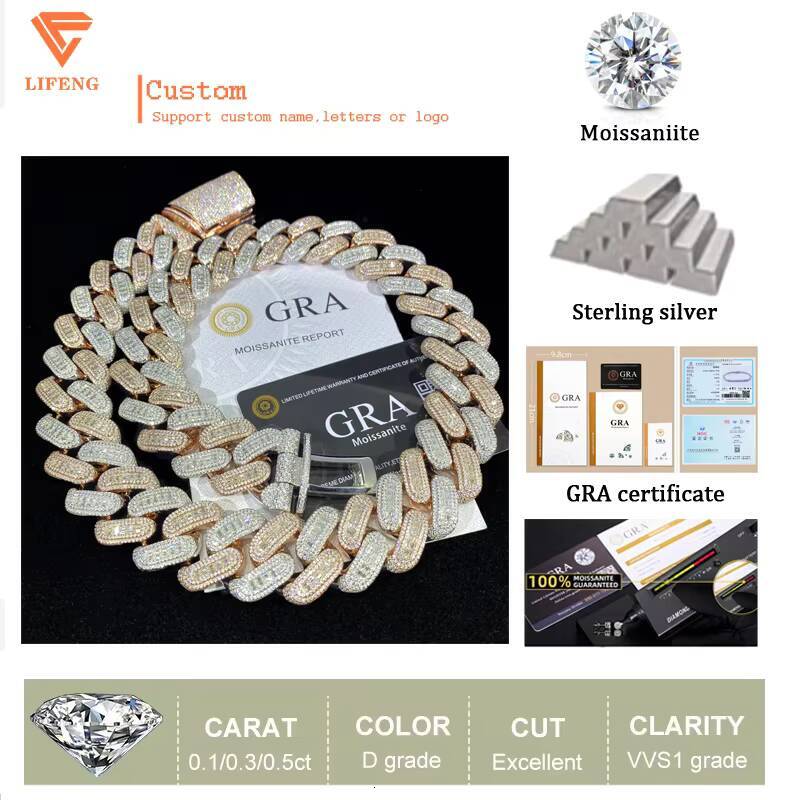 Baguette Cut Necklace Hip Hop Popular Special 26MM Big Size Two Tone Silver Mixed Rose Gold Men Moissanite Cuban Link Chain