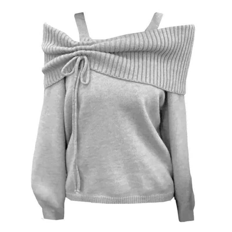 Deeptown Korean Style Coquette Knitwear Pullovers Women Sweet Slash Neck Long Sleeve Sweaters Autumn Winter 2000s Grey Jumper M250904