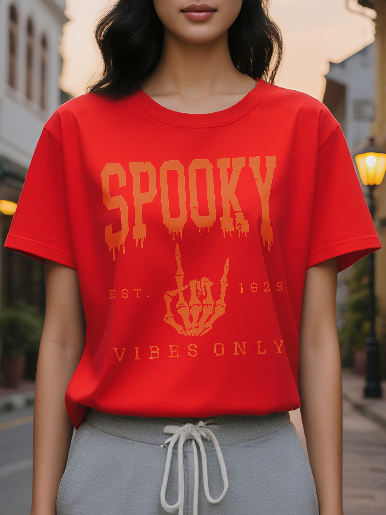 Large XL Women's Halloween Spooky Vibes Double Sided Printed T-Shirt Gothic Lettering Blood Drip Design Round Neck Short Plus Size