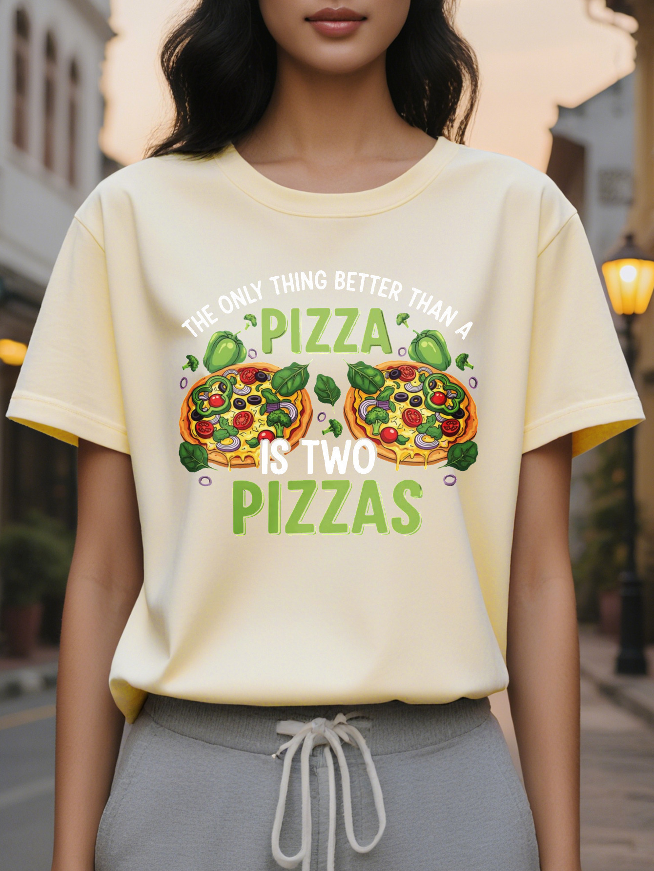 Women's Fun Lover T-shirt Pizza is my love language Two pizzas with pepperoni vegetable design Casual round
