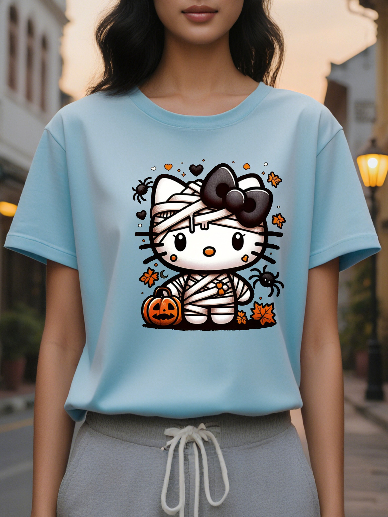 Orange Pumpkin Wrap Mummy Pattern T-Shirt for Women Teen Casual