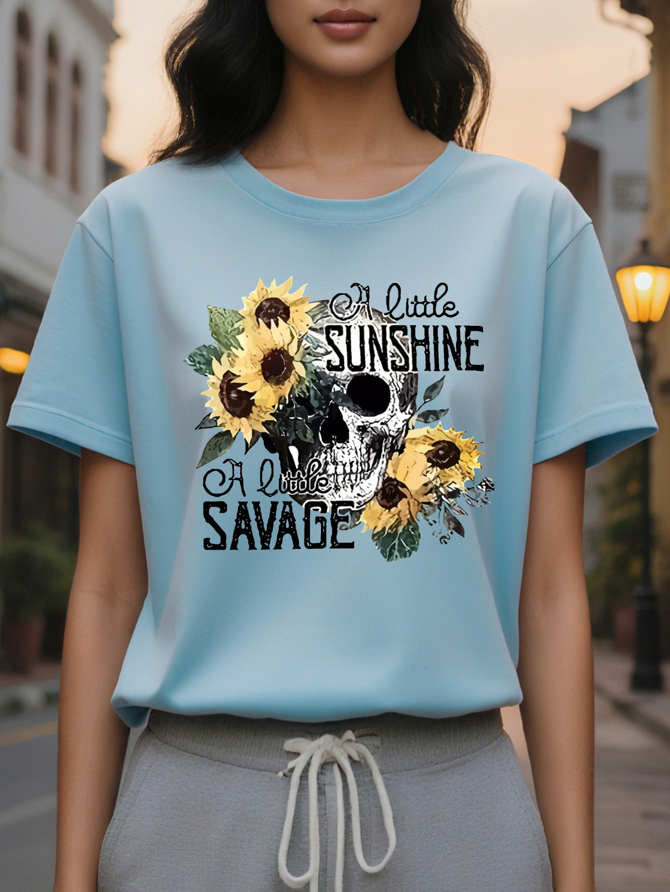 Women s Gothic Bohemian Style White T Shirt With Black Printing Plus Size Crew Neck Short Sleeve