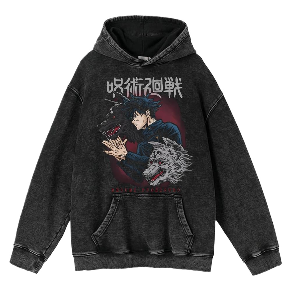 440g Heavyweight Cotton Pre-Washed Distressed Jujutsu Kaisen Satoru Gojo Anime Street Retro Streetwear Hoodie - TT8318