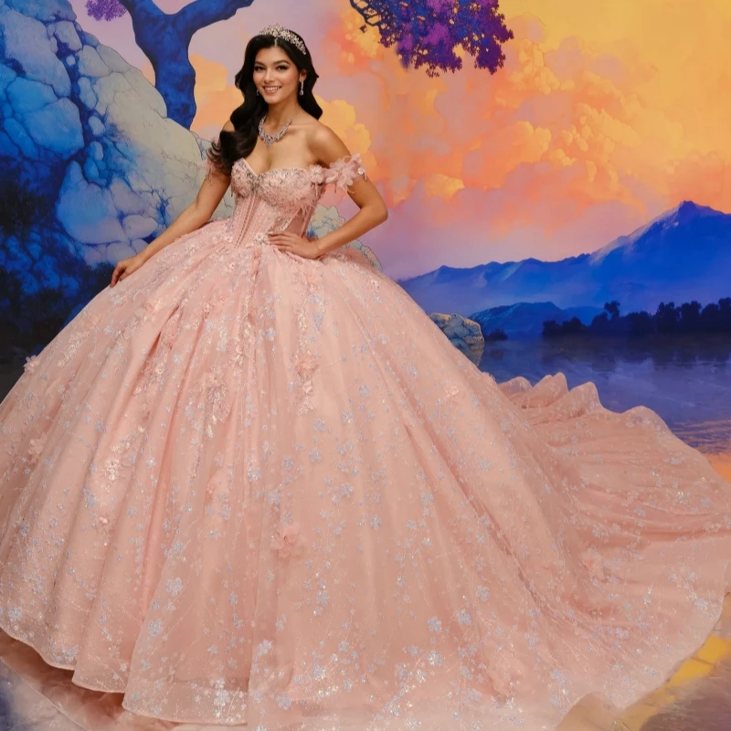 Pink Shiny Quinceanera Dresses Ball Gown Off The Shoulder Sequin Applique Flower Beads Tull Sweet 16 Dress Vestidos 15 De Anos