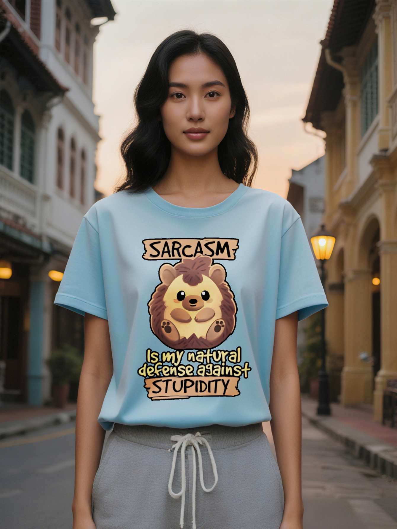 Large XL Lady Casual Graphic T-Shirt with Cartoon Hedgehog Sarcasm Quote Black Round Neck Summer Tee, Washable Regular Plus Size