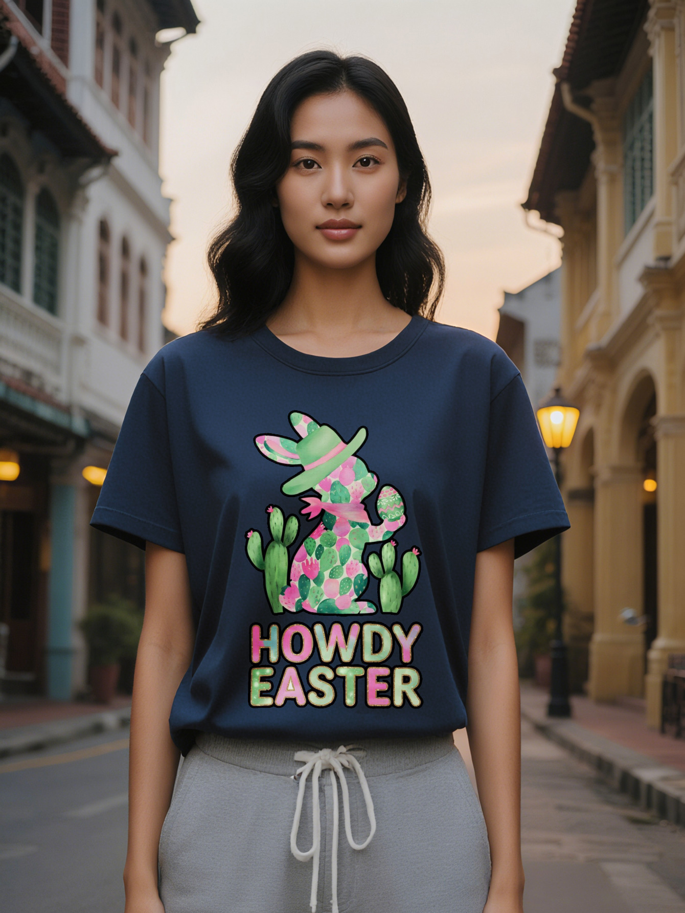 Lady Casual Crew Neck T-Shirt with Howdy Easter Print Black Short Sleeve Graphic Tee Lightweight Blend Regular Fit