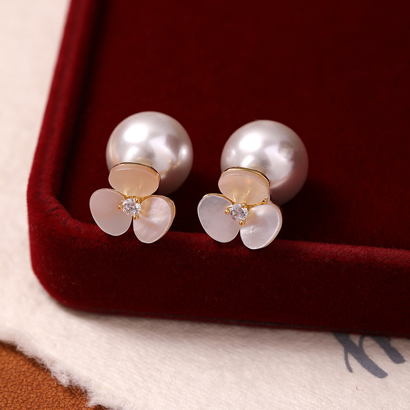 Two-Way Wear Shell Flower Zircon Pearl Sweet Light High-End Simple Niche Versatile Earrings for Women