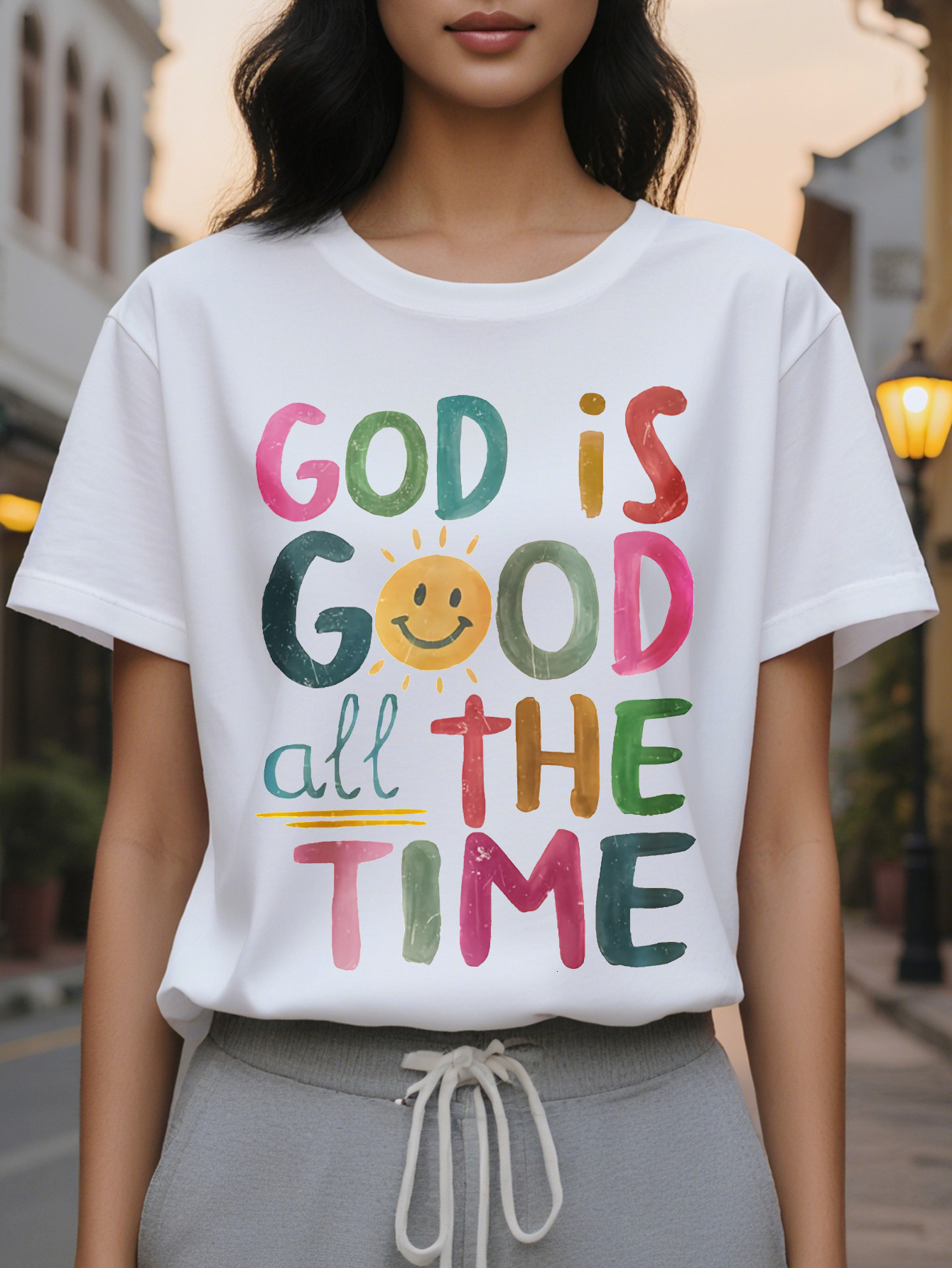 Large XL Women's Beige Inspirational God is Good All The Time Christian Sweatshirt Soft Round Neck Casual Pullover with Plus Size
