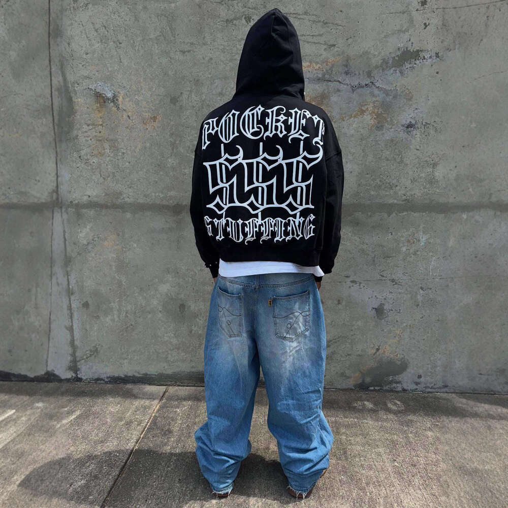 Street Trend Y2K Hooded Cardigan Letter Casual Print Sweatshirt Unisex Black