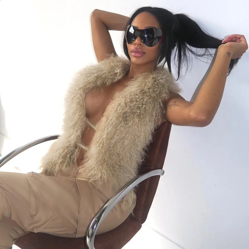 Fluffy Faux Fur Halter Vests Women Solid Deep V-Neck Backless Bandage Sleeveless Jackets Top Winter Wamr Outerwear Coat 250823