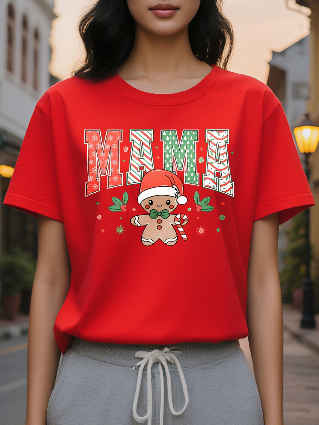 Large XL Women's Christmas Graphic Sweatshirt with Gingerbread Man Mama Lettering Beige Casual Round Neck Pullover Plus Size