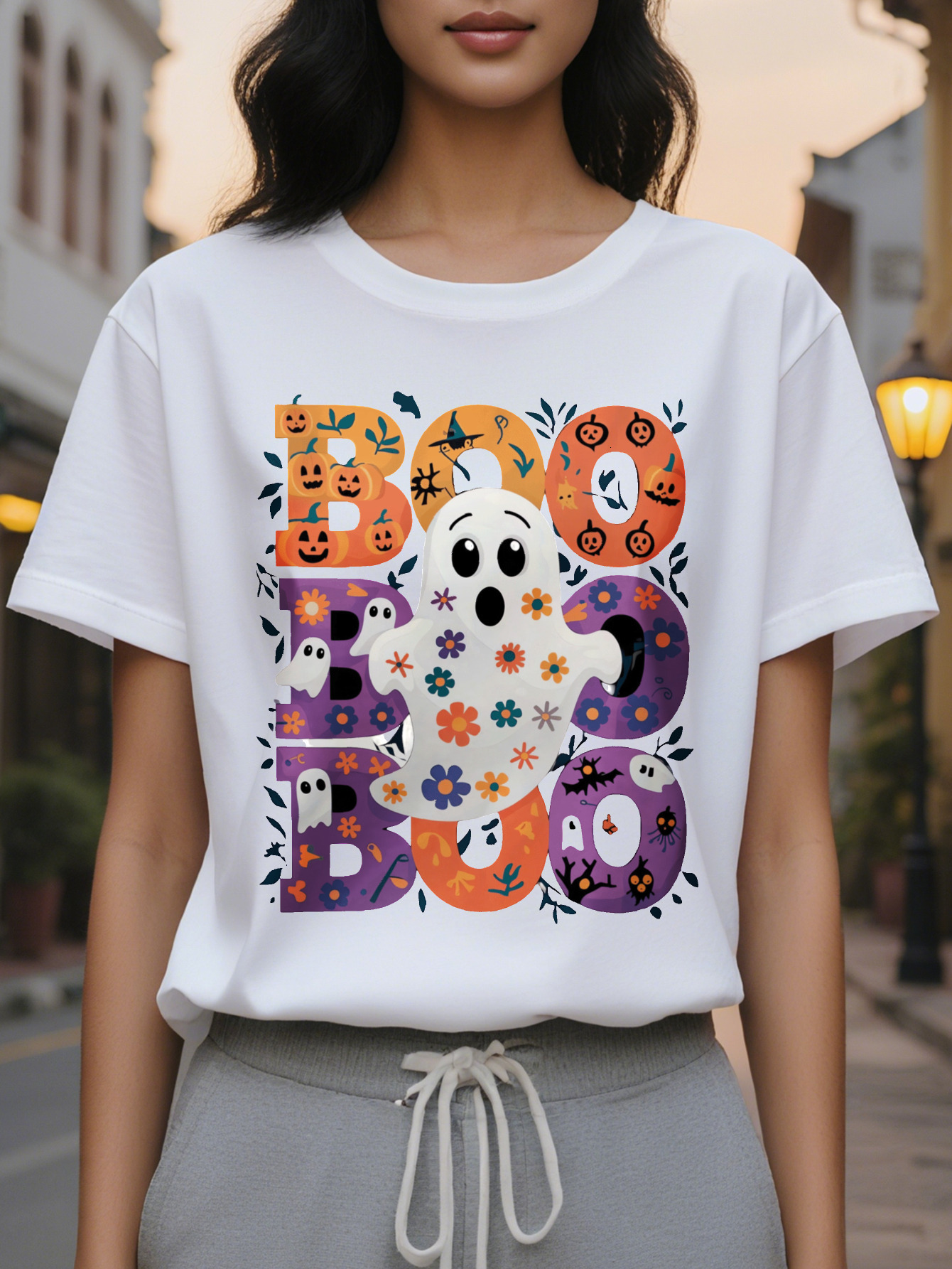 Ladies Cute Boo Pattern T Shirt with Floral Pumpkin Orange Purple Fall Colors Lightweight Round Neck Casual Top