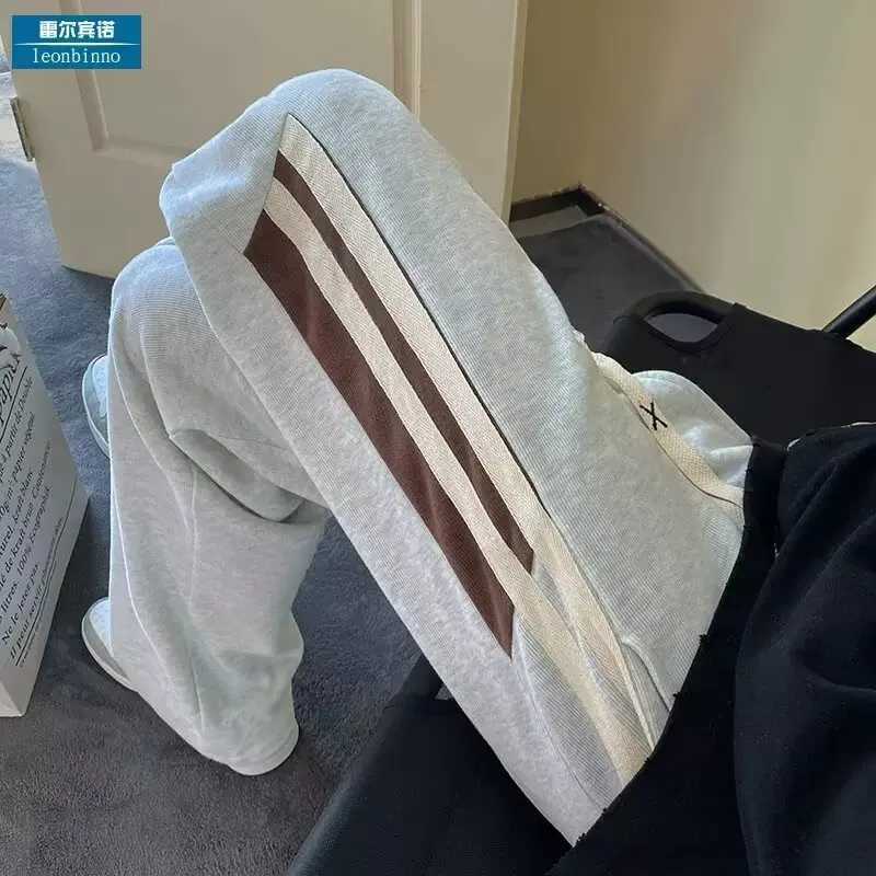 Mens loose straight leg casual pants for spring and autumn three bar striped sweatpantsXJ250904