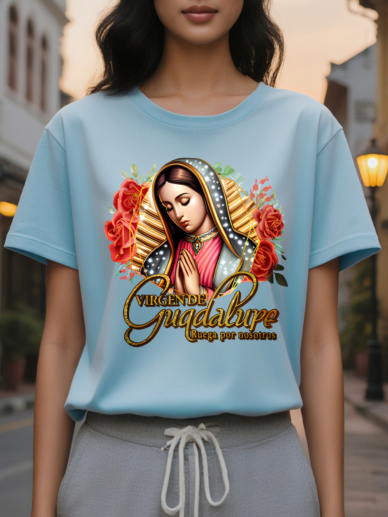 Women S Virgin Religious T-Shirt Soft Pink Faith Based Tee with Our Lady of Guadalupe Prayer Round Neck Casual Everyday