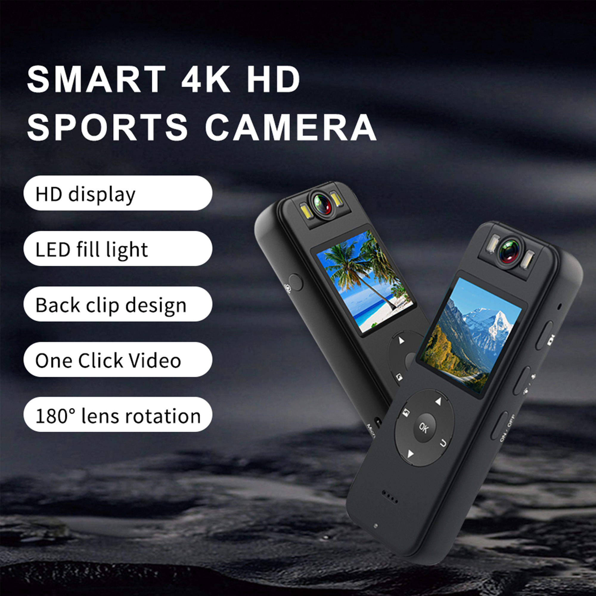 4K Pocket Action Camera, 4H+ battery life, 180° Handheld DV, Wearable Body Cam,1400mAh Vlogging Camera 128G Card, With 1/4 Screw Bracket