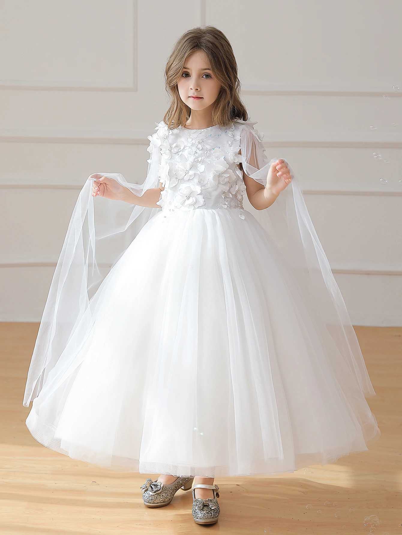 Long White Dress for Girls Draped Design Wedding Flower Girl Dress Suitable for Birthday Parties Girl Costume Z250904