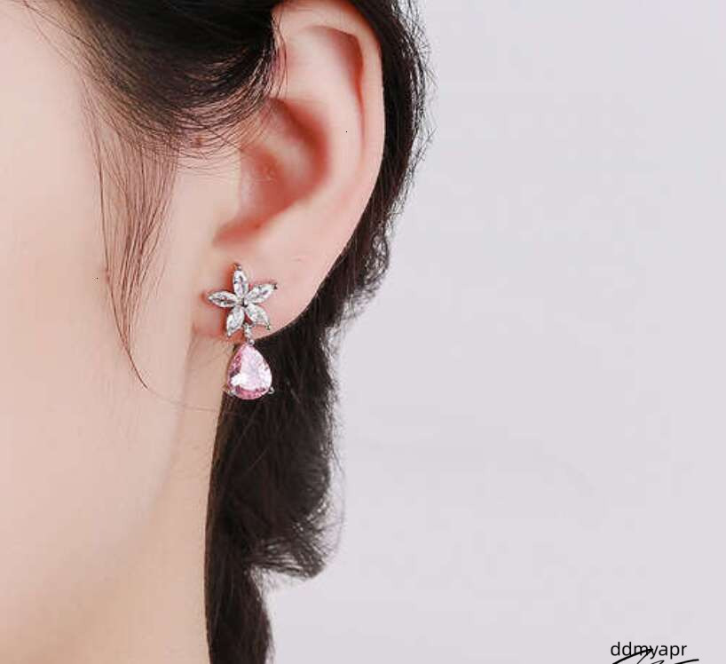 Korean Style Pink Teardrop Zircon Earrings Flower Shaped AAA Crystal Stud Jewelry For Ddmyday Women Ddmyday
