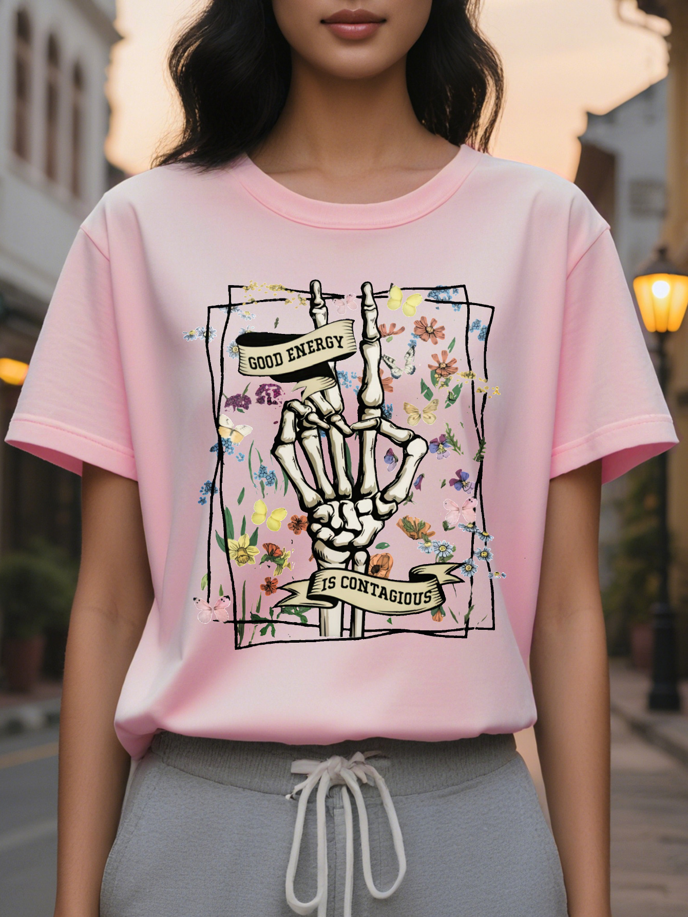 Large XL Women's Graphic T-Shirt Skeleton Hands Floral Back Dark Gray Everyday Halloween Party Tee Washable Casual Top Plus Size