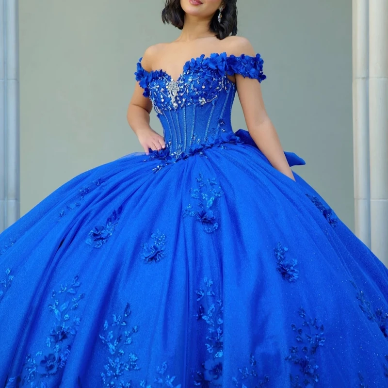 Royal Blue Shiny Quinceanera Dresses Ball Gown Off The Shoulder Applique Flower Beading Crystal Tull Sweet 16 Dress Vestidos 15 Anos