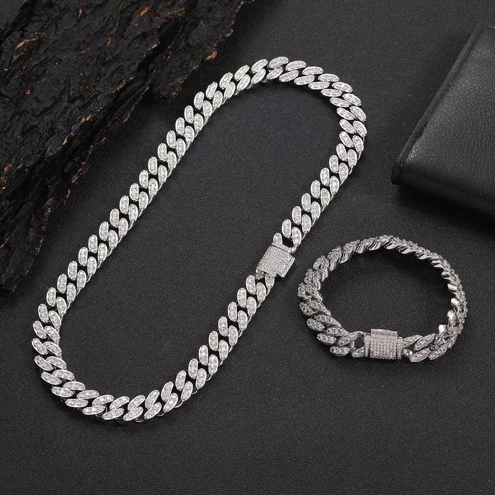 NUOYA Hip Hop 12mm Iced Out Cuban Link Necklace Micro Pave Shiny Diamond Cuban Link Necklace for Women Fine Jewelry