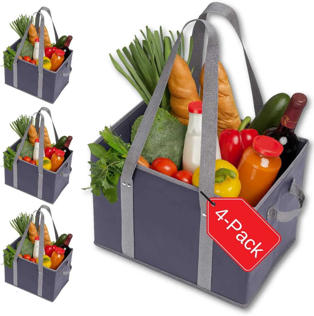 4pk Reusable Grocery Bags Shopping Bags Tote Box Large Heavy Duty Groceries Bag Handles Foldable Reinforced Bottom Navy BlueGrayW250904