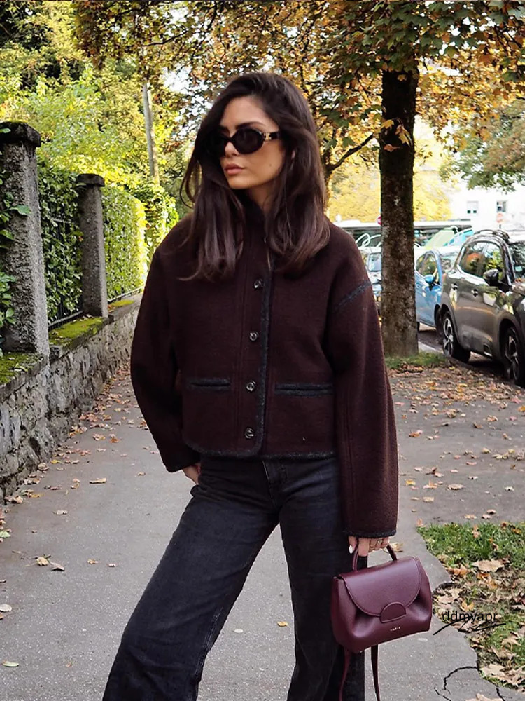 Casual Single-Breasted Woolen Coat Women Autumn Winter Chic Long Sleeve Stand Collar Brown Ddmyday Jacket Female Fashion Streetwear 240815