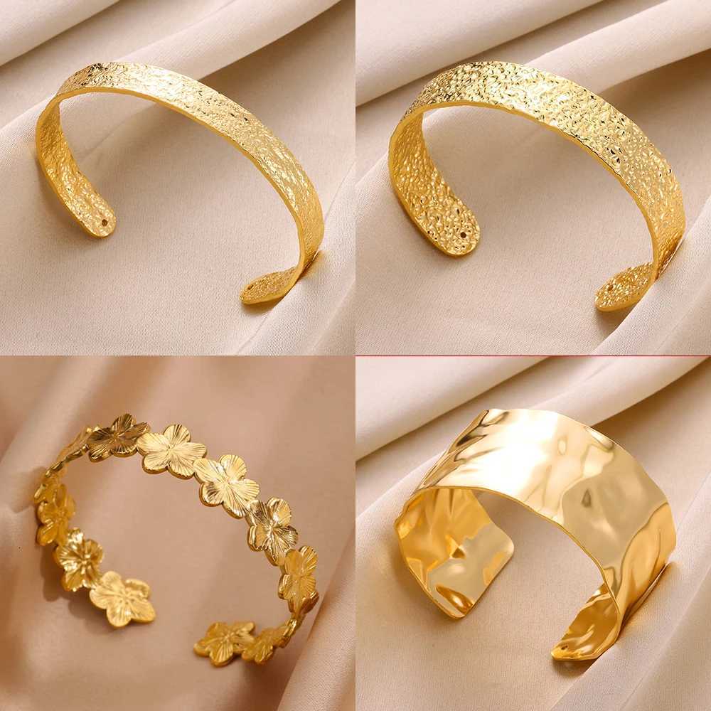 Stainl Steel Wide Bangles for Women Luxury Gold Color Chunky Flower Cuff Bangle Bracelet femme Vintage Wedding Jewelry GiftsXJ250904
