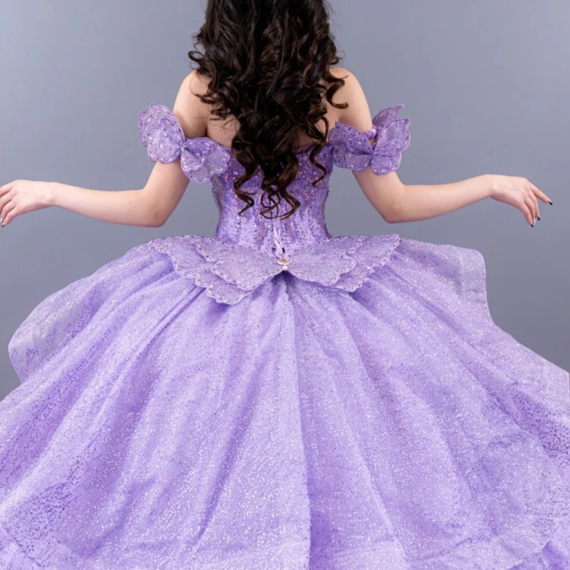 Lilac Shiny Quinceanera Dresses Ball Gown Off The Shoulder Applique Lace Beads Bow Sweet 16 Dress Vestidos 15 Anos