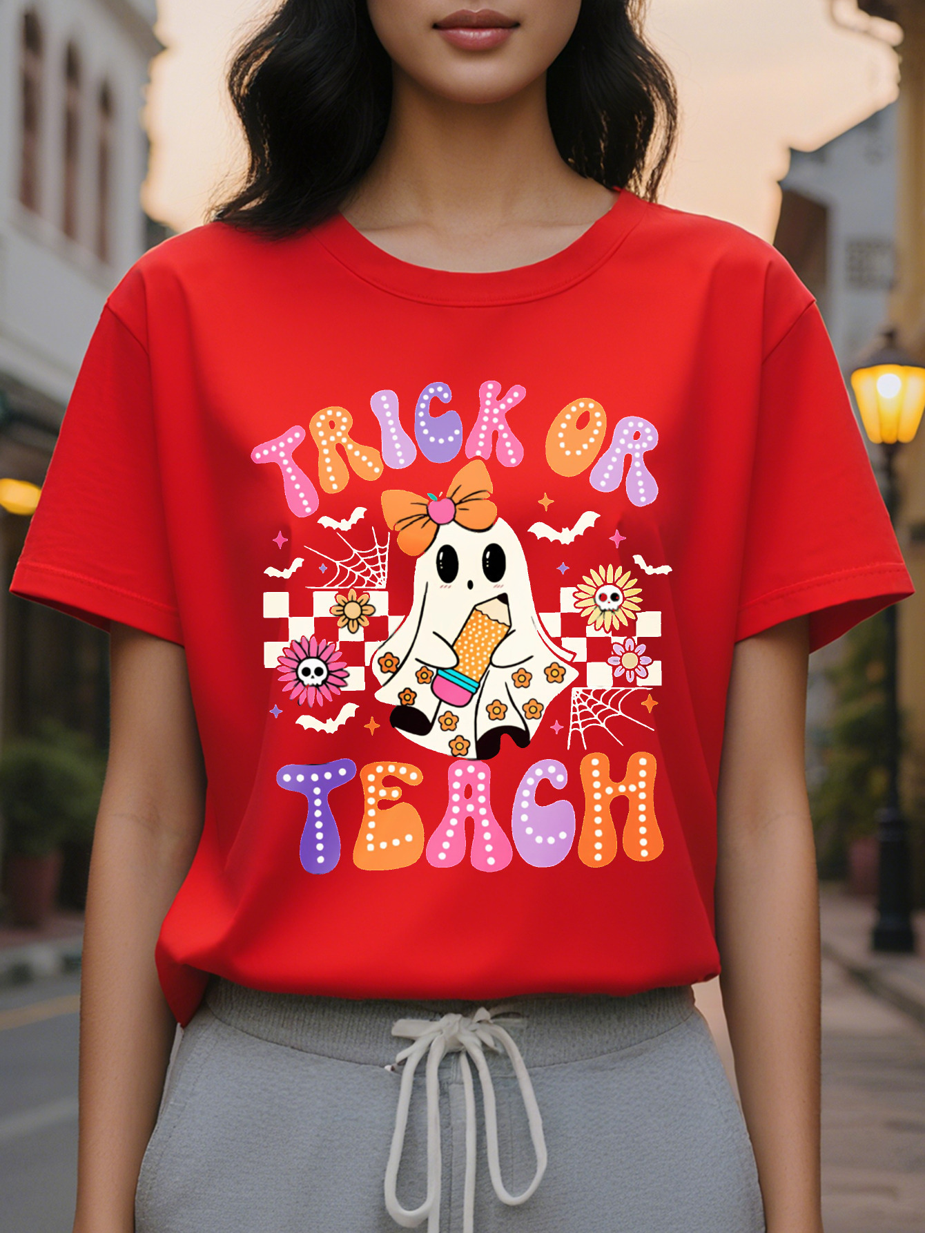 Women's Halloween Banter or Teach Print T-Shirt Cotton Casual Round Neck Short Sleeve Top for Spring Summer