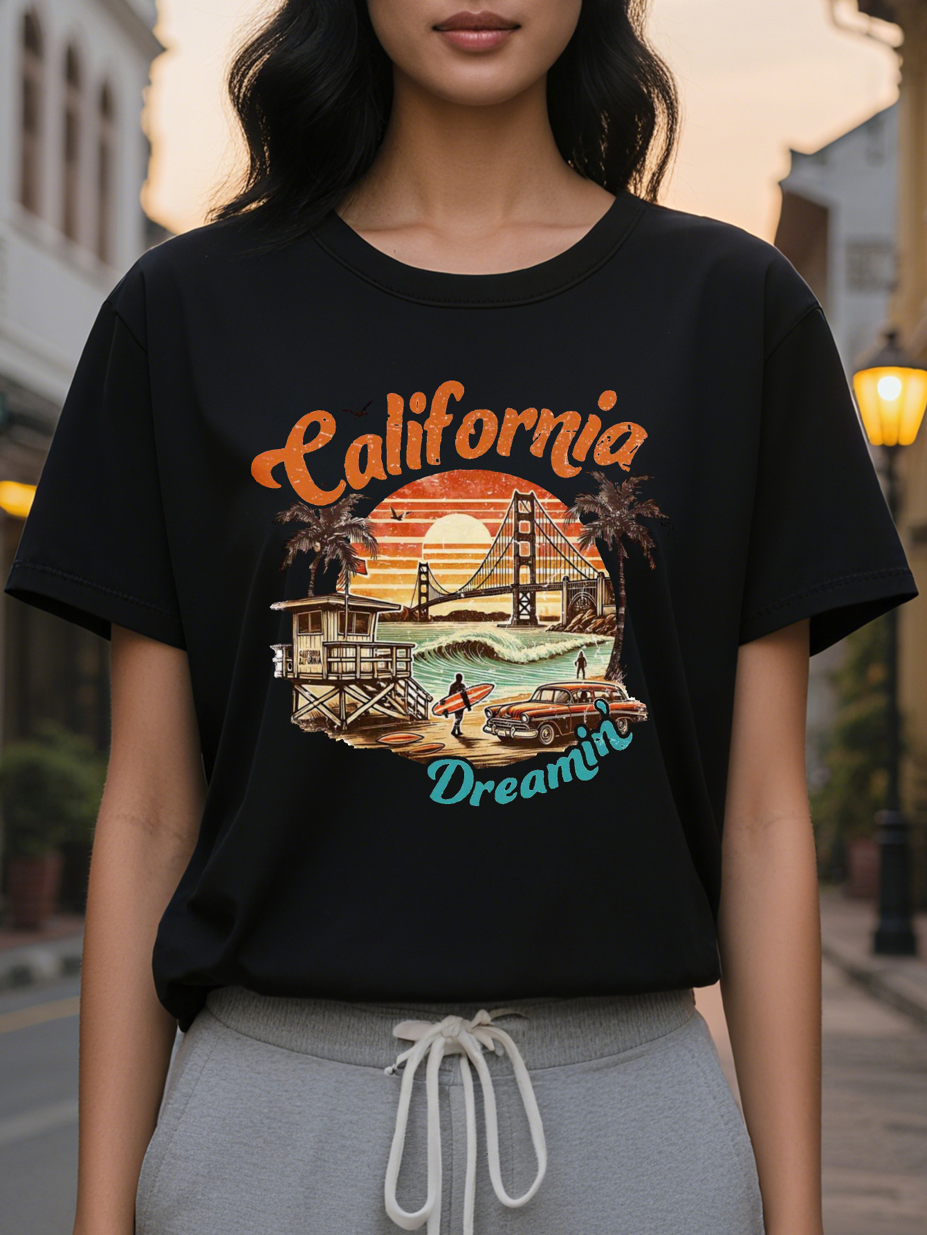 Women's California T-Shirt White Golden Gate Bridge Palm Trees and Vintage Car Design Soft Everyday Summer Top for